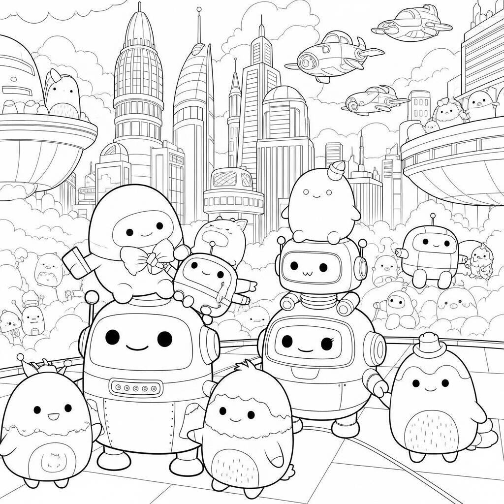 Squishmallows und Roboter Malvorlage