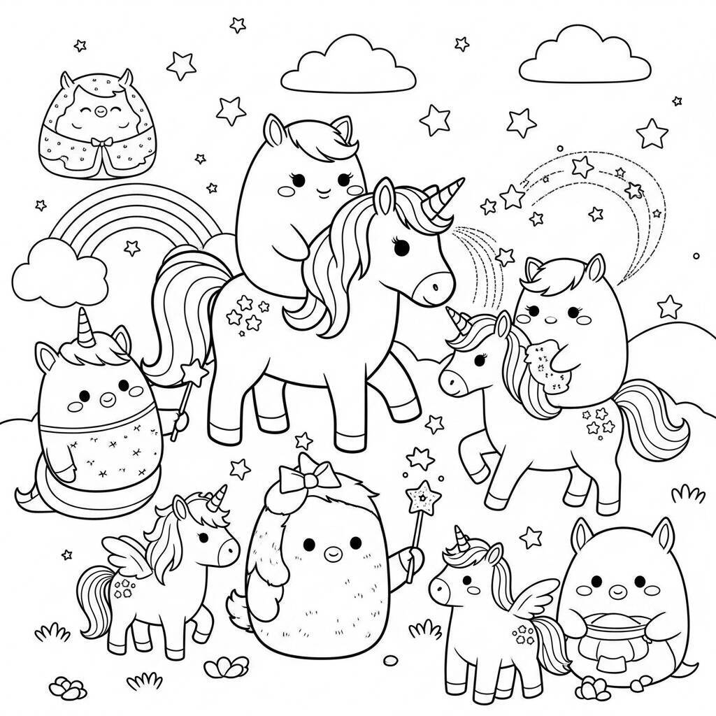 Squishmallows und Einhörner Malseite
