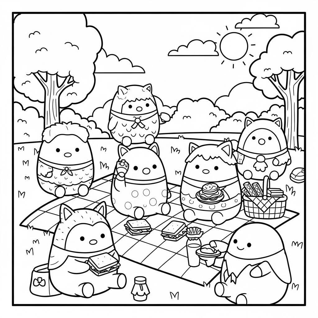 Ausmalbild: Squishmallows bei Outdoor-Aktivitäten