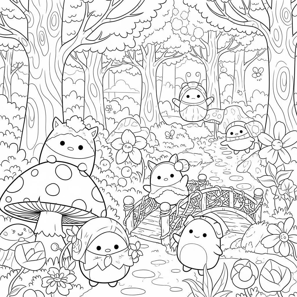 Ausmalbilder „Squishmallows im Abenteuer“.