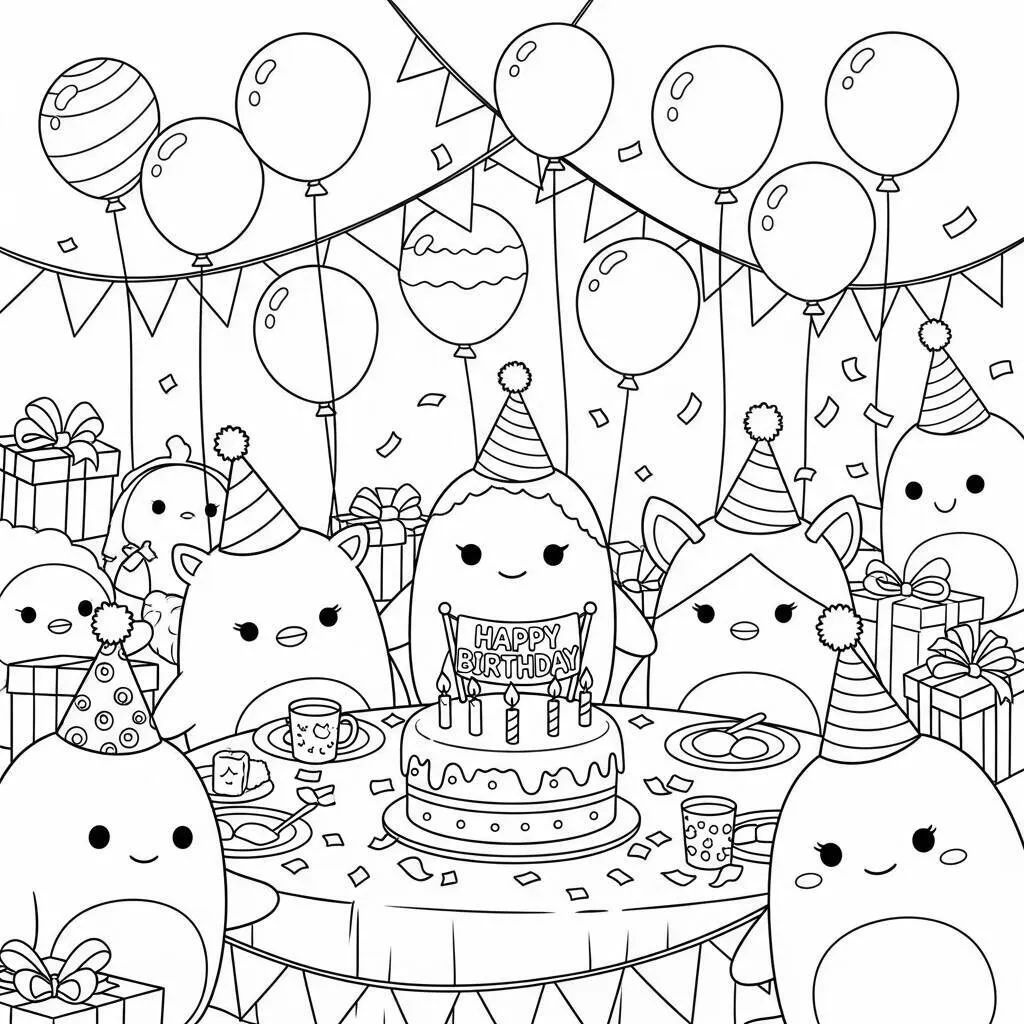 Desenho-de-Squishmallows-em-Festa-para-Colorir Desenho de Squishmallows em Festa para Colorir