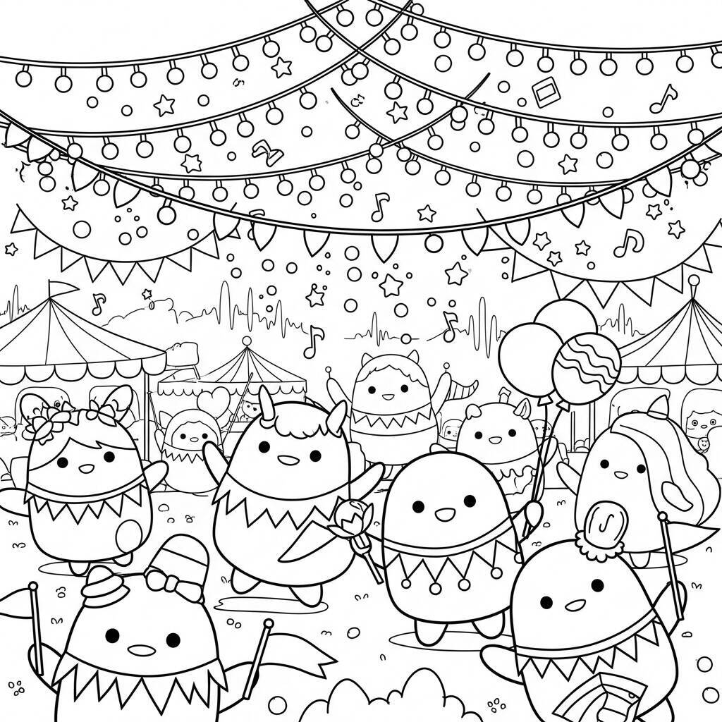 Ausmalbilder „Squishmallows auf einem Festival“.