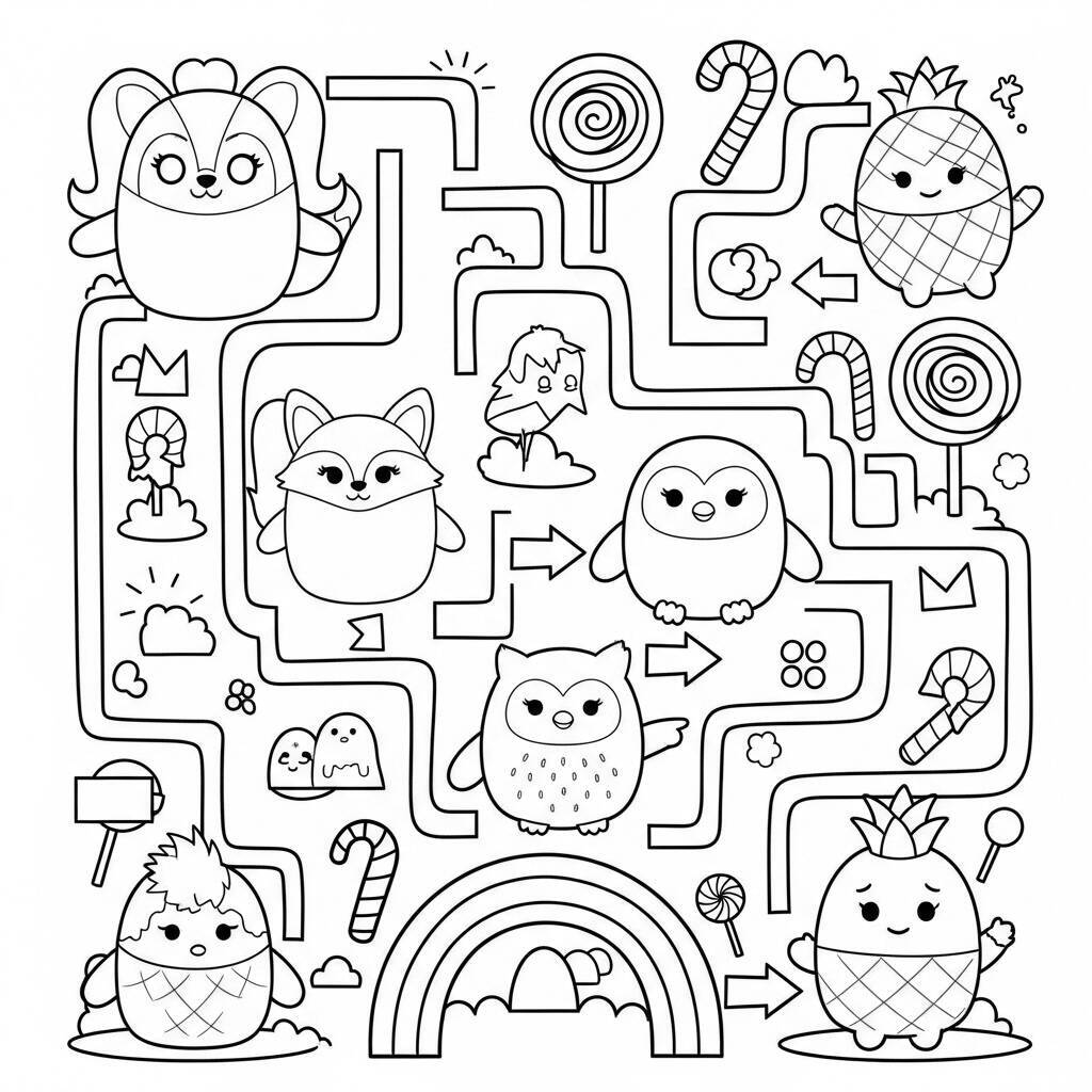 Squishmallows in einem Labyrinth zum Ausmalen