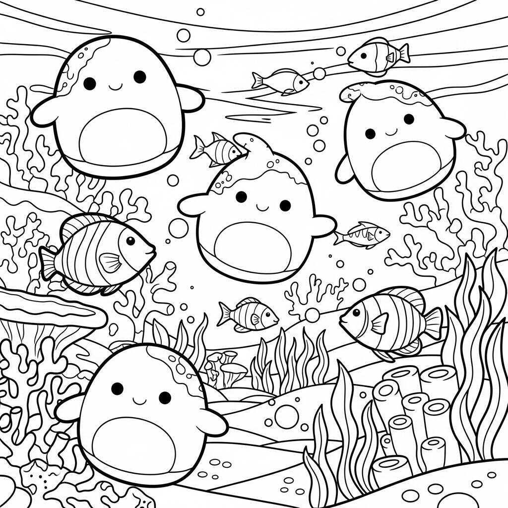 Squishmallows in einer Unterwasserwelt zum Ausmalen