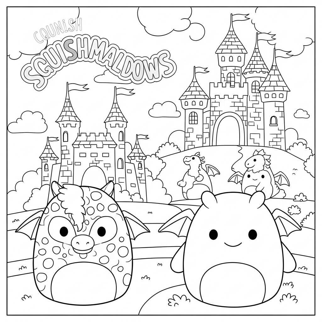Squishmallows in einer Märchenwelt zum Ausmalen