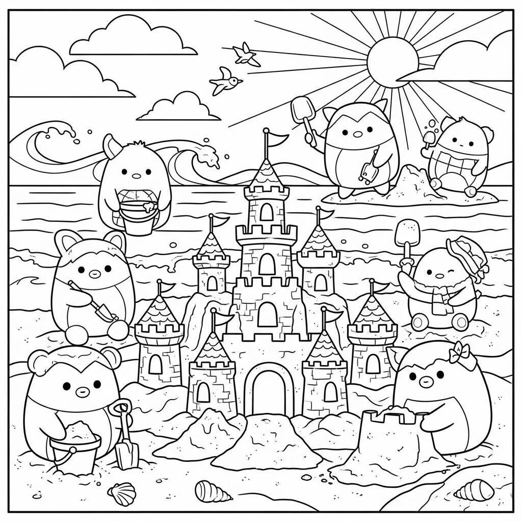 Squishmallows am Strand zum Ausmalen