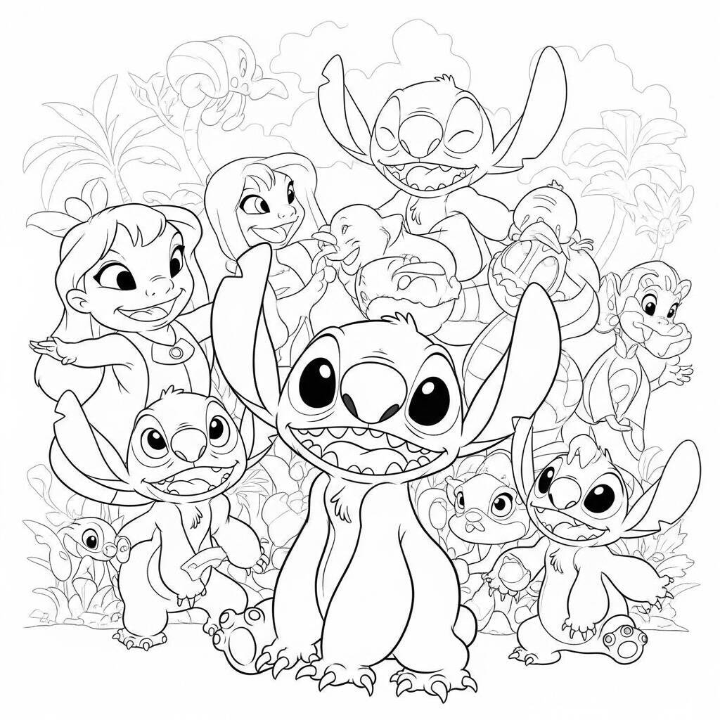 Desenho de Stitch com Amigos para Colorir