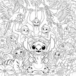 Desenho de Stitch com Animais da Selva para Colorir