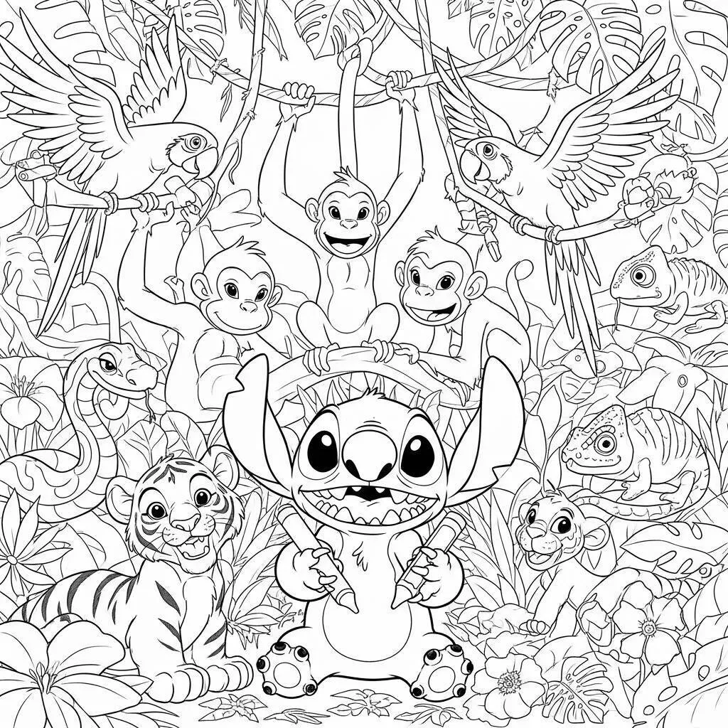 Desenho-de-Stitch-com-Animais-da-Selva-para-Colorir Desenho de Stitch com Animais da Selva para Colorir