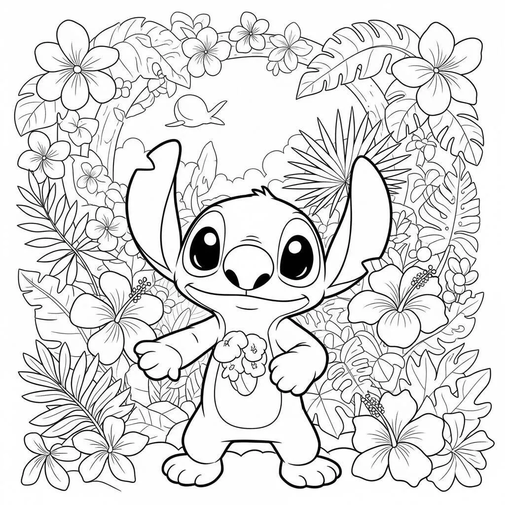 Desenho-de-Stitch-com-Flores-para-Colorir Desenho de Stitch com Flores para Colorir