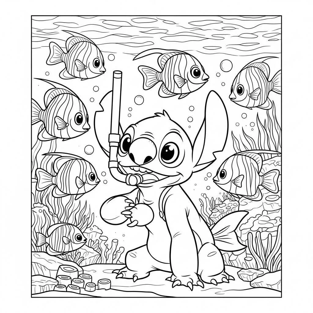 Desenho de Stitch com Peixes para Colorir