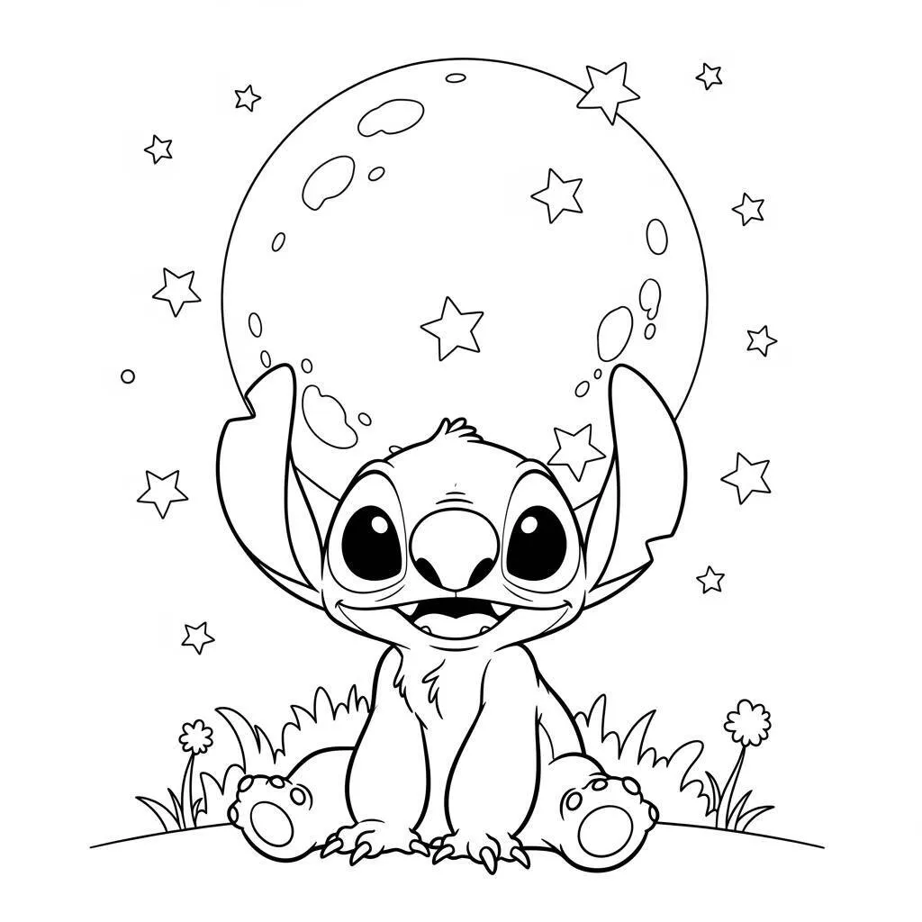 Desenho-de-Stitch-com-a-Lua-Cheia-para-Colorir Desenho de Stitch com a Lua Cheia para Colorir