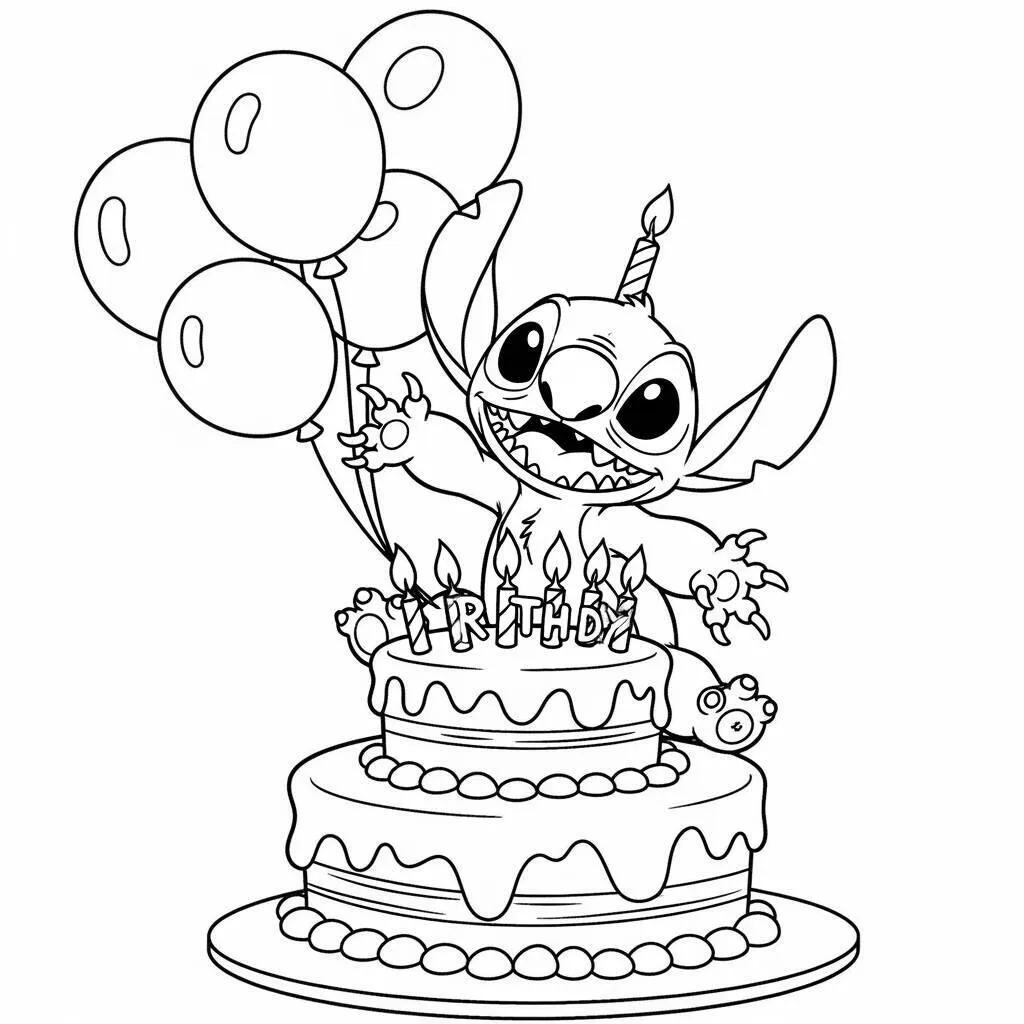 Desenho-de-Stitch-com-um-Bolo-para-Colorir Desenho de Stitch com um Bolo para Colorir