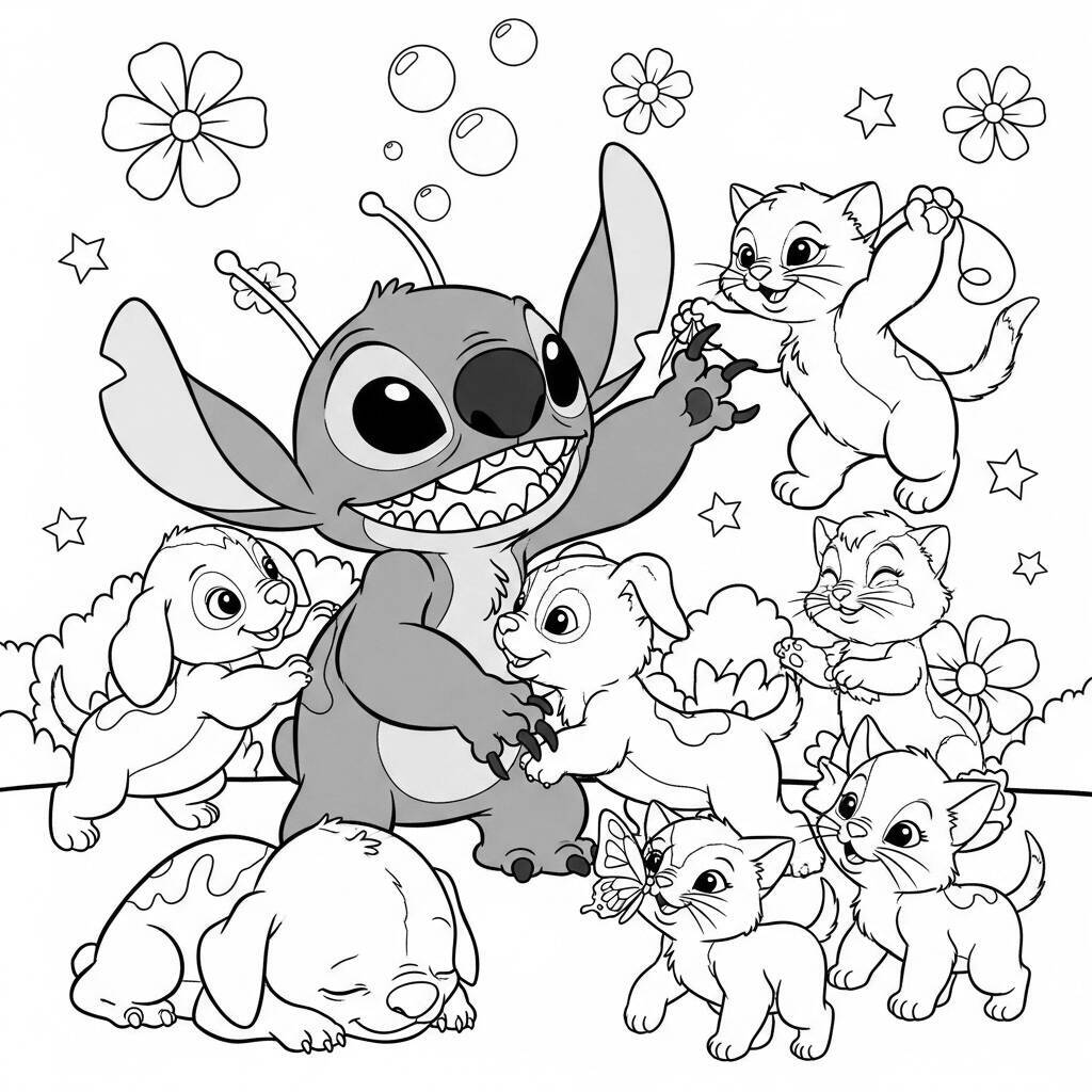 Desenho de Stitch e Animais para Colorir