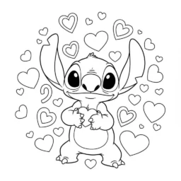 Desenho de Stitch e Corações para Colorir