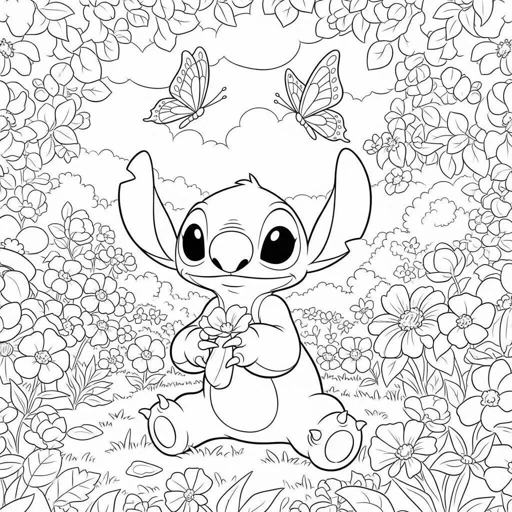 Desenho-de-Stitch-e-Flores-para-Colorir Desenho de Stitch e Flores para Colorir