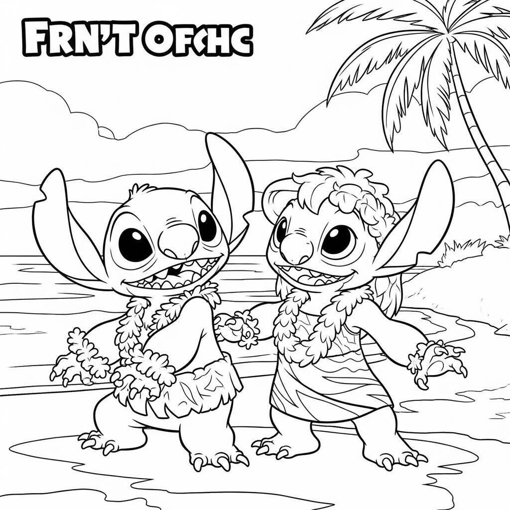 Desenho de Stitch e Lilo no Havai para Colorir