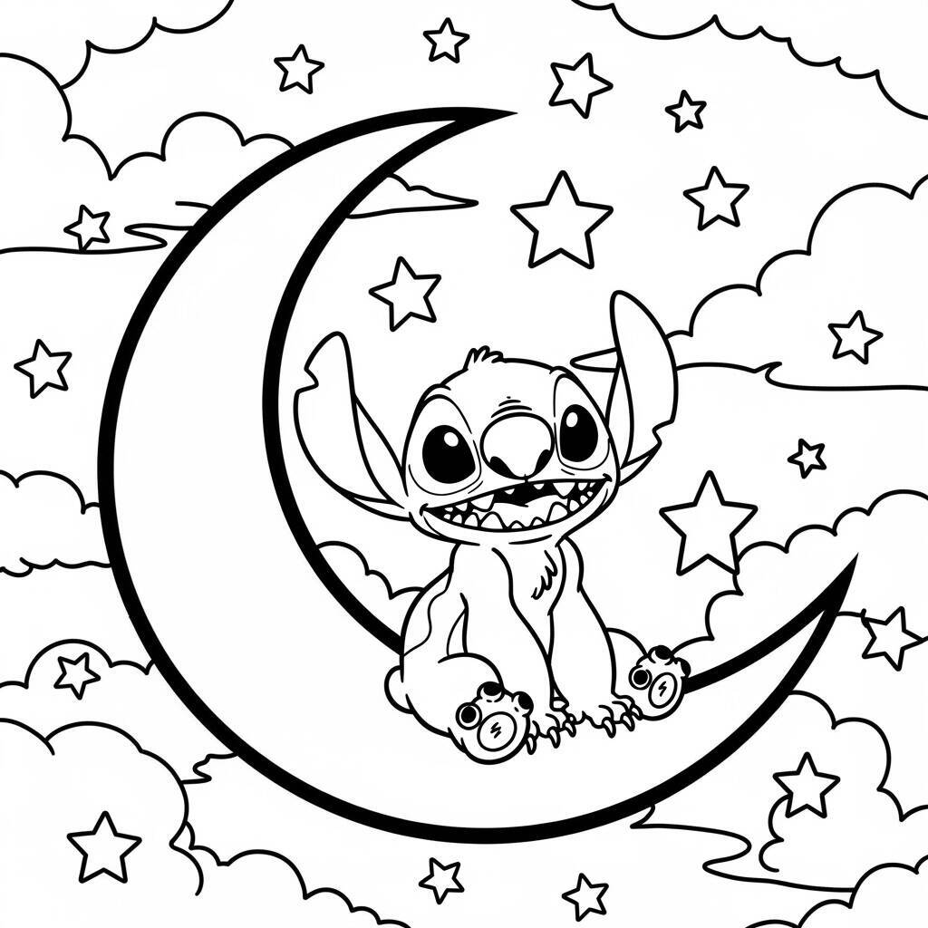 Desenho de Stitch e a Lua para Colorir