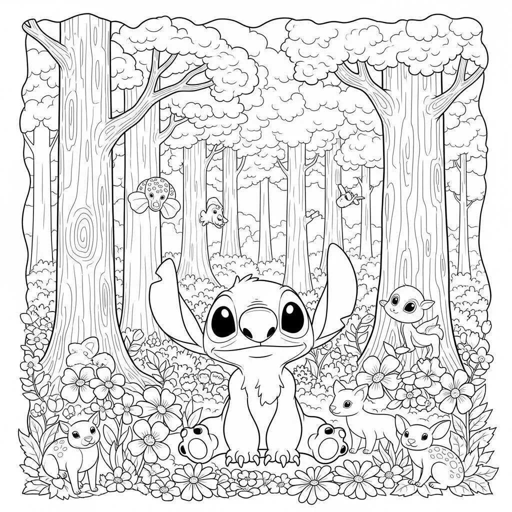 Desenho-de-Stitch-e-a-Natureza-para-Colorir Desenho de Stitch e a Natureza para Colorir