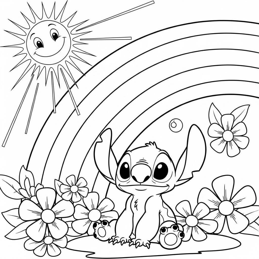 Desenho de Stitch e um Arco-íris para Colorir