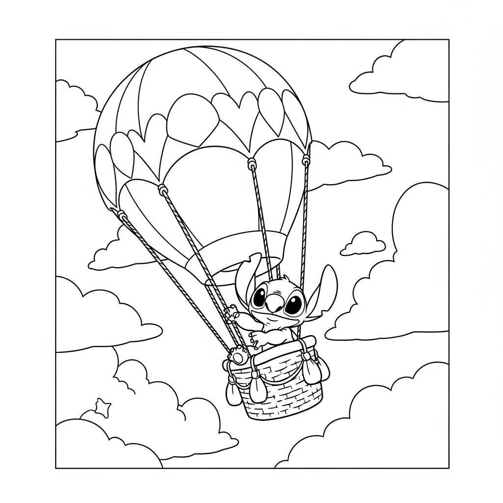 Desenho-de-Stitch-e-um-Balao-de-Ar-Quente-para-Colorir Desenho de Stitch e um Balão de Ar Quente para Colorir