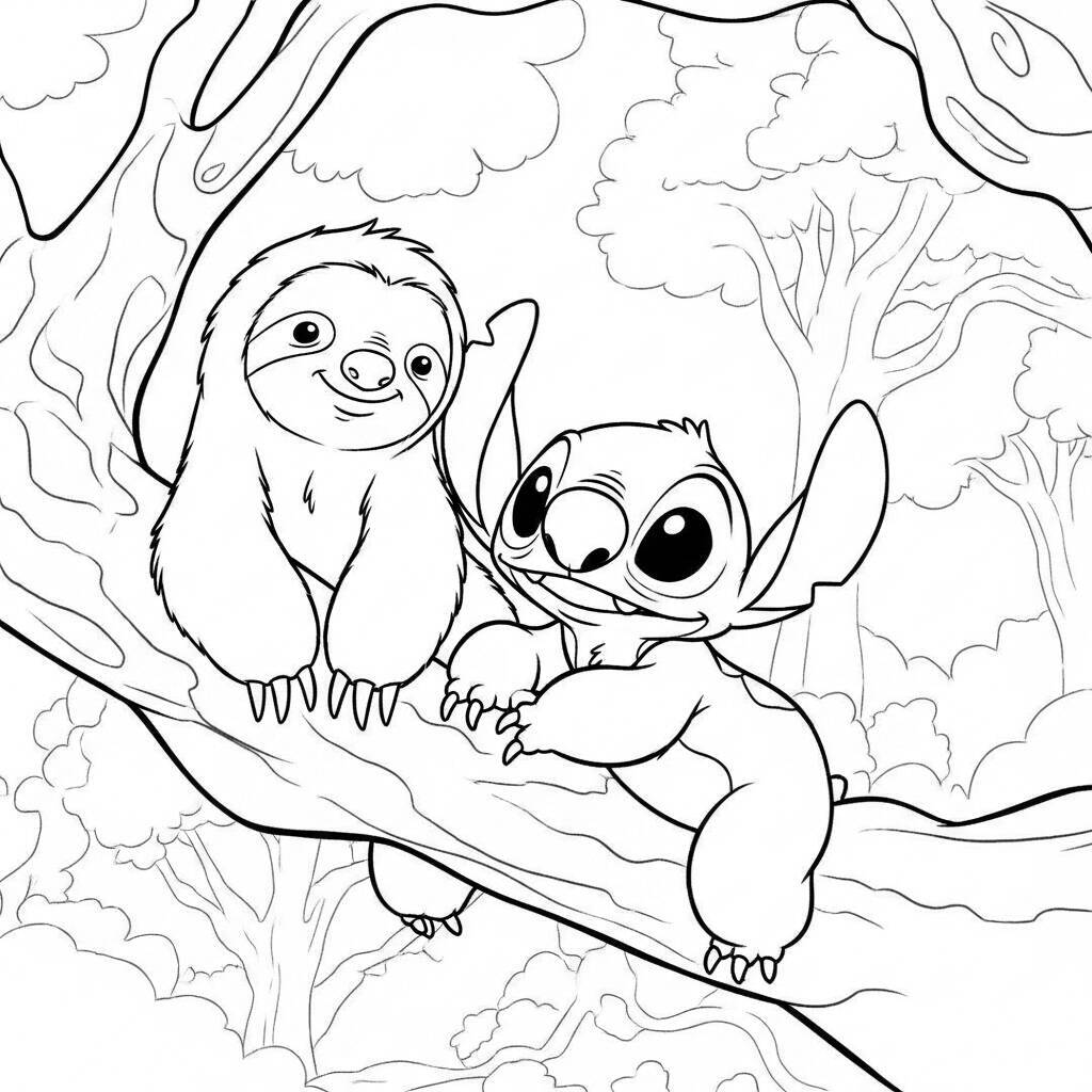 Desenho de Stitch e um Bicho-Preguiça para Colorir