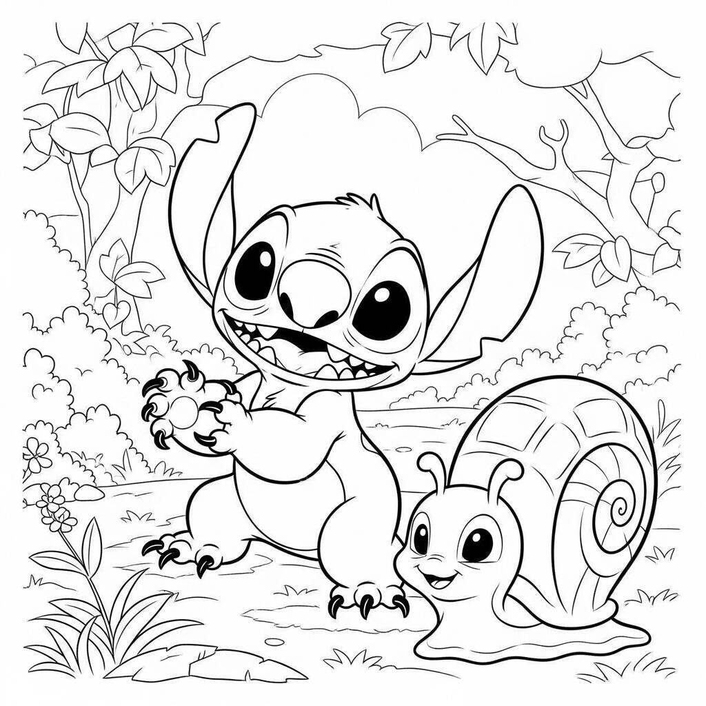 Desenho de Stitch e um Caracol para Colorir