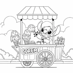 Desenho de Stitch e um Carrinho de Sorvete para Colorir