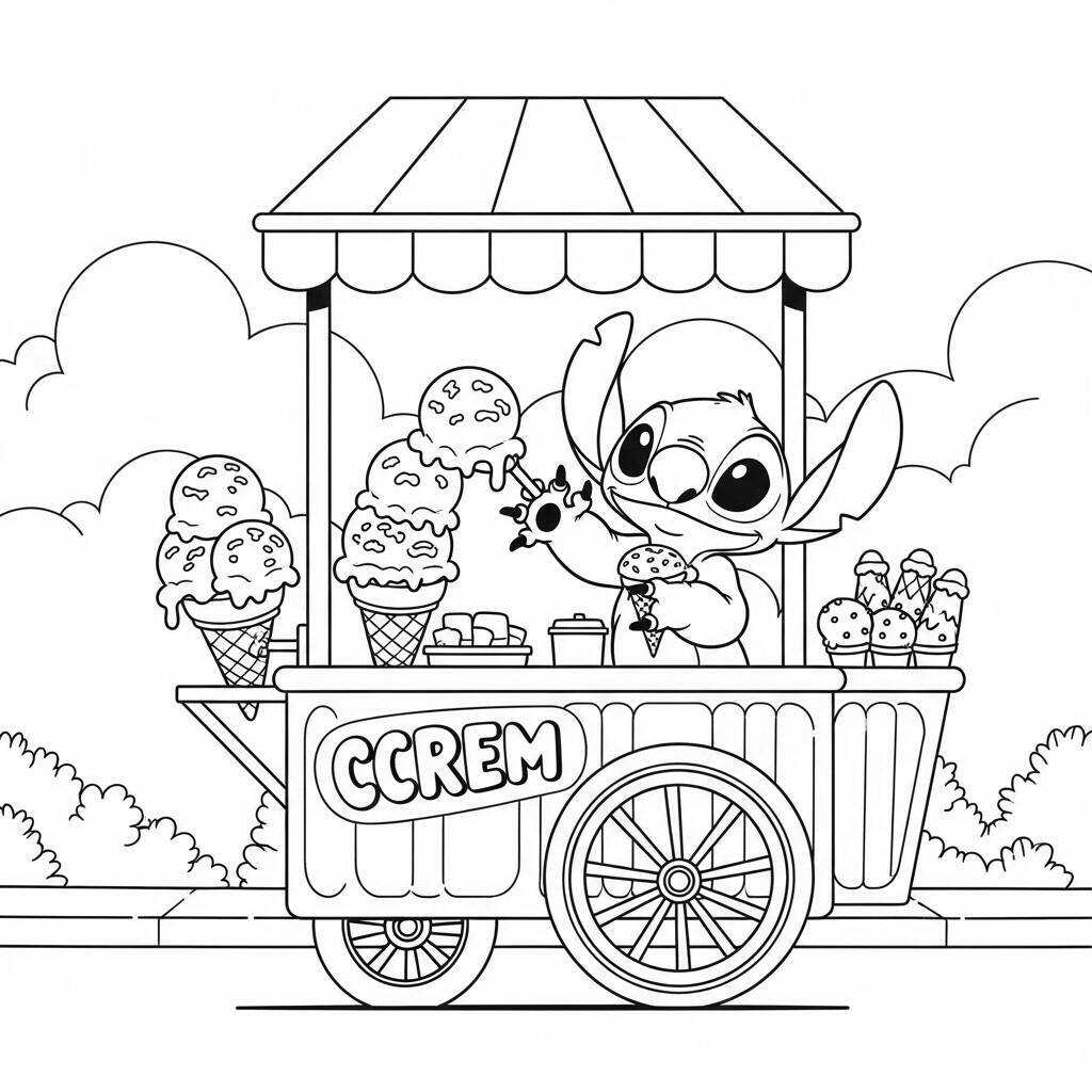 Desenho de Stitch e um Carrinho de Sorvete para Colorir