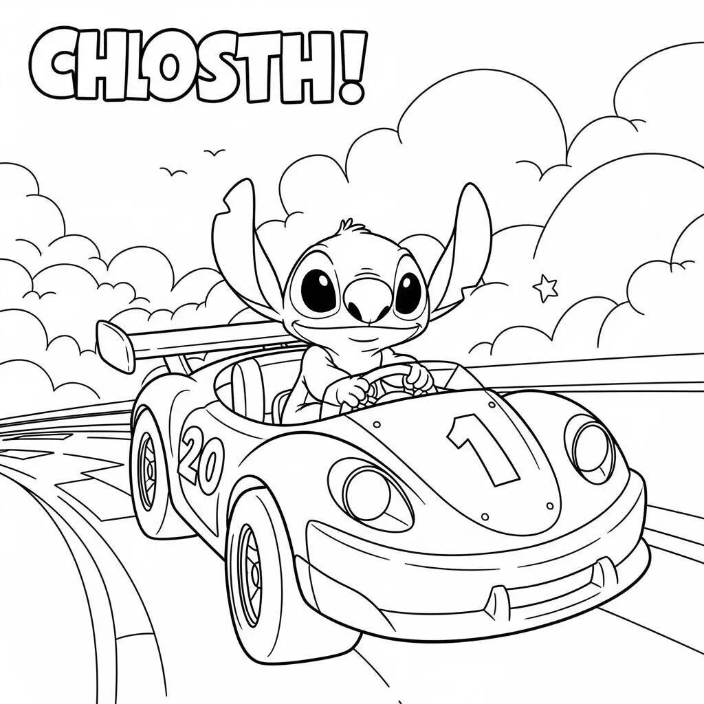 Desenho-de-Stitch-e-um-Carro-de-Corrida-para-Colorir Desenho de Stitch e um Carro de Corrida para Colorir