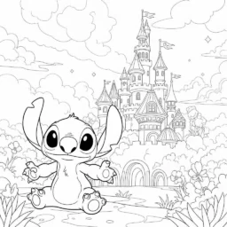 Desenho de Stitch e um Castelo para Colorir