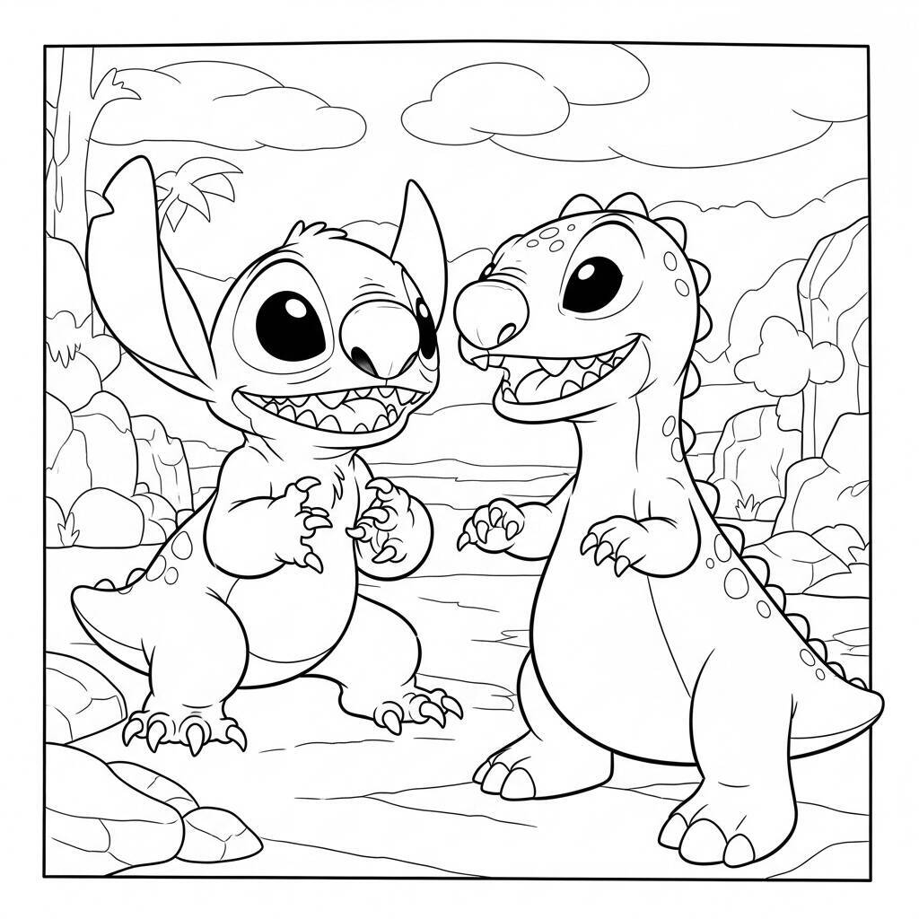 Desenho de Stitch e um Dinossauro para Colorir