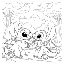Desenho de Stitch e um Dragão para Colorir