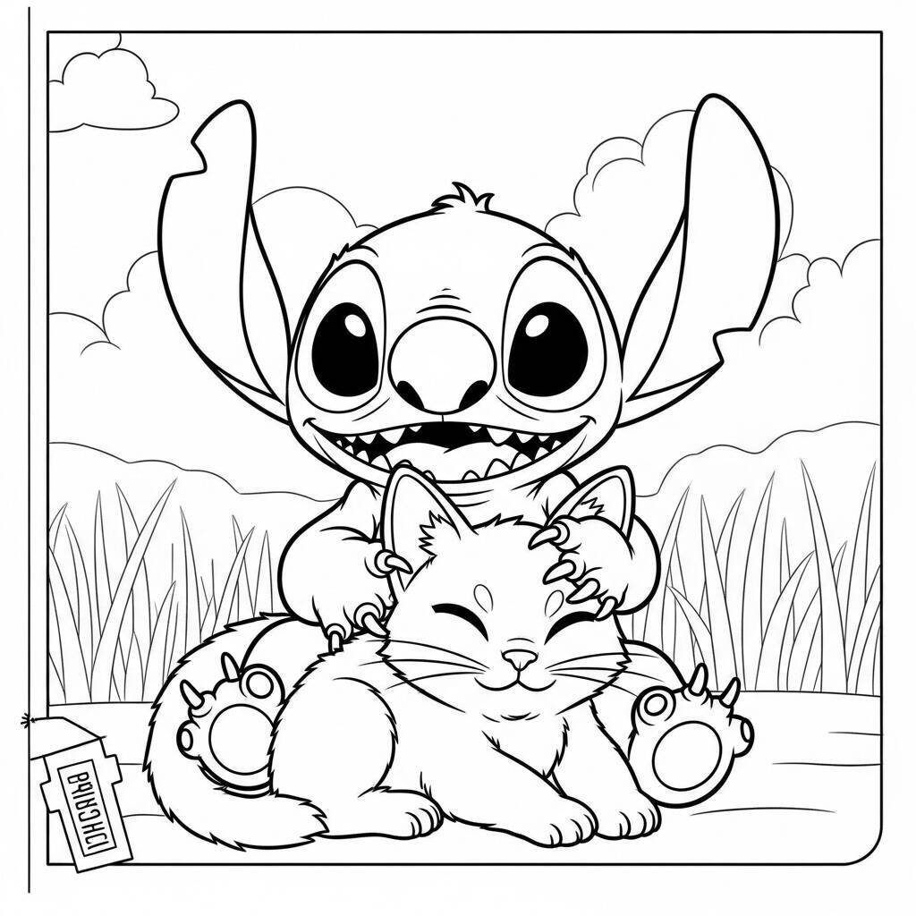 Desenho de Stitch e um Gato para Colorir