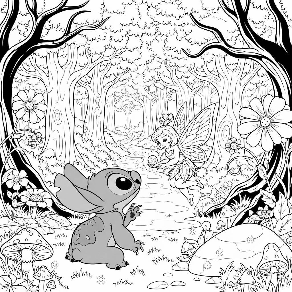 Desenho de Stitch e uma Fada para Colorir