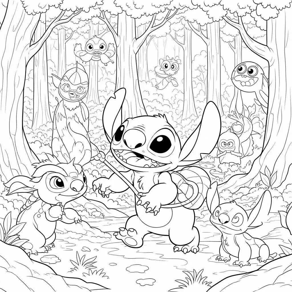 Desenho-de-Stitch-em-Uma-Floresta-Encantada-para-Colorir Desenho de Stitch em Uma Floresta Encantada para Colorir