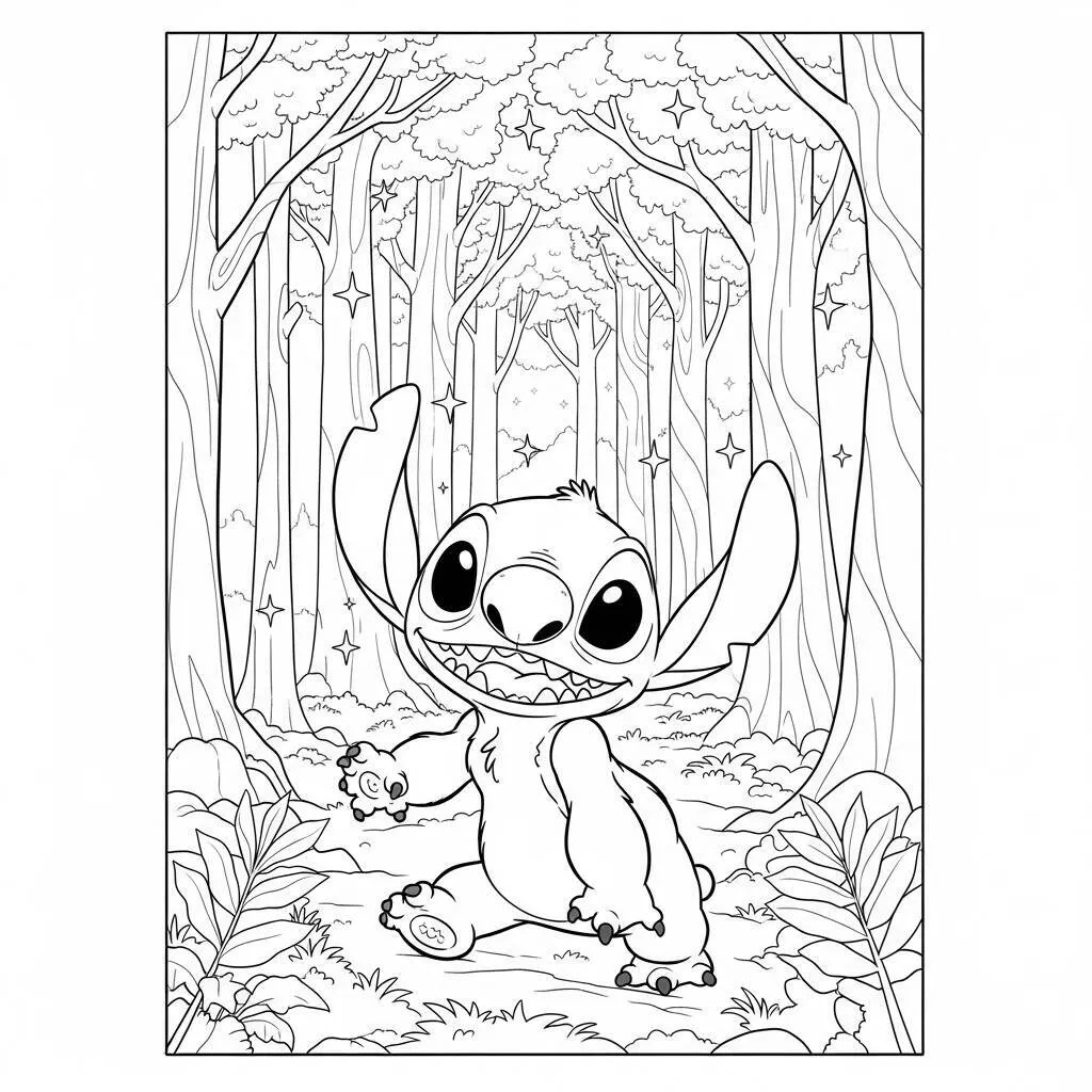 Desenho de Stitch na Floresta para Colorir