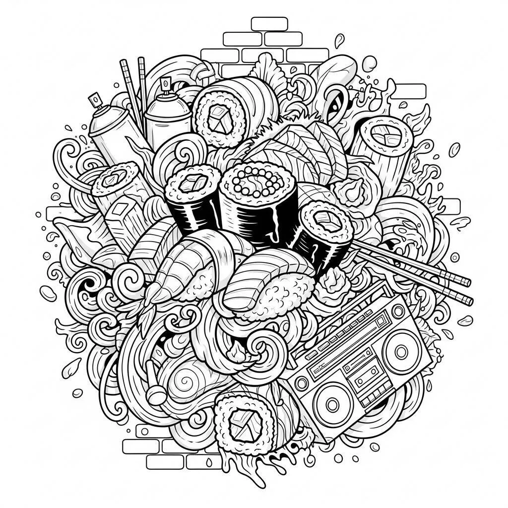 Desenho de Sushi com Estilo Graffiti para Colorir
