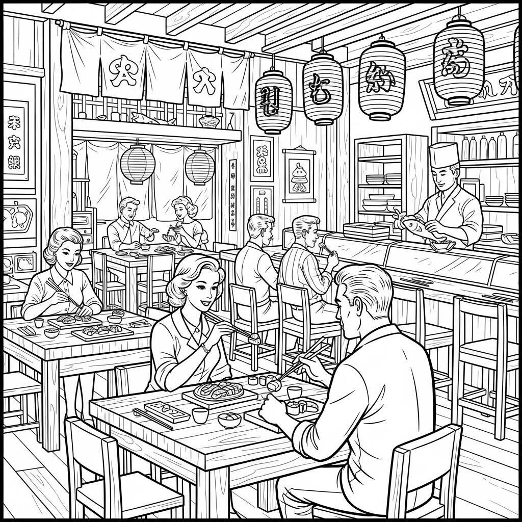 Desenho de Sushi com Estilo Vintage para Colorir