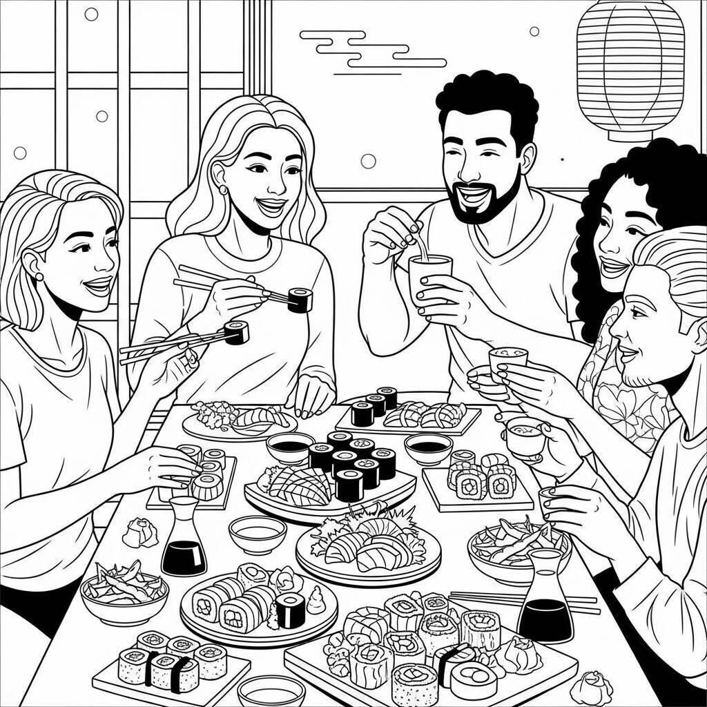 Desenho de Sushi e Amizade para Colorir