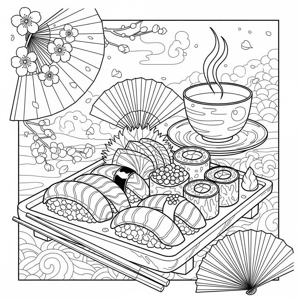 Desenho de Sushi e Chá para Colorir