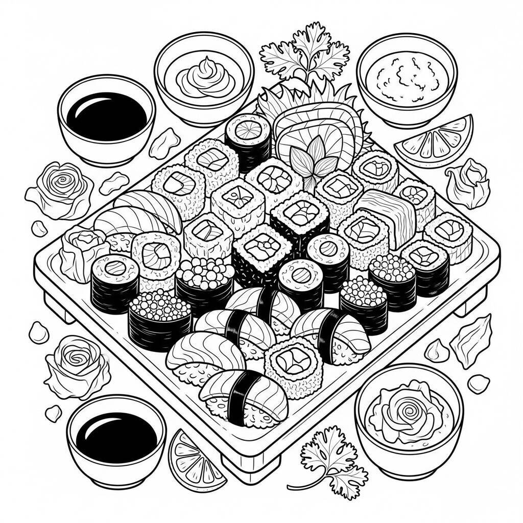 Desenho de Sushi e Molhos para Colorir