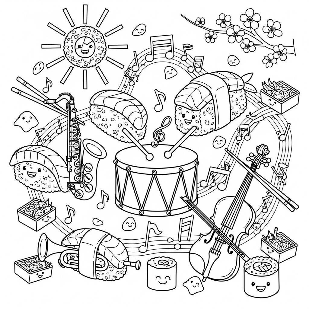 Desenho de Sushi e Música para Colorir