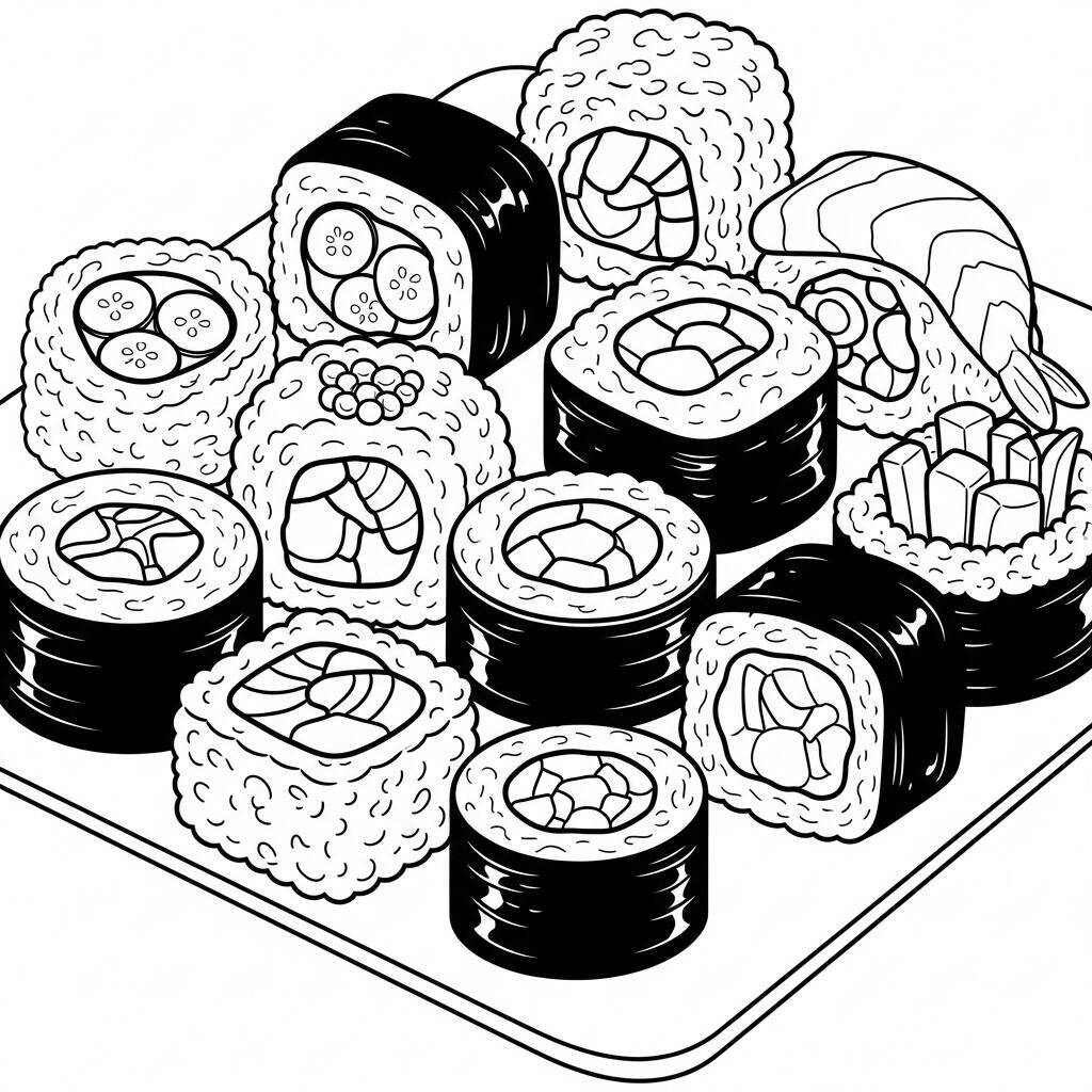 Desenho de Sushi e Vegetais para Colorir