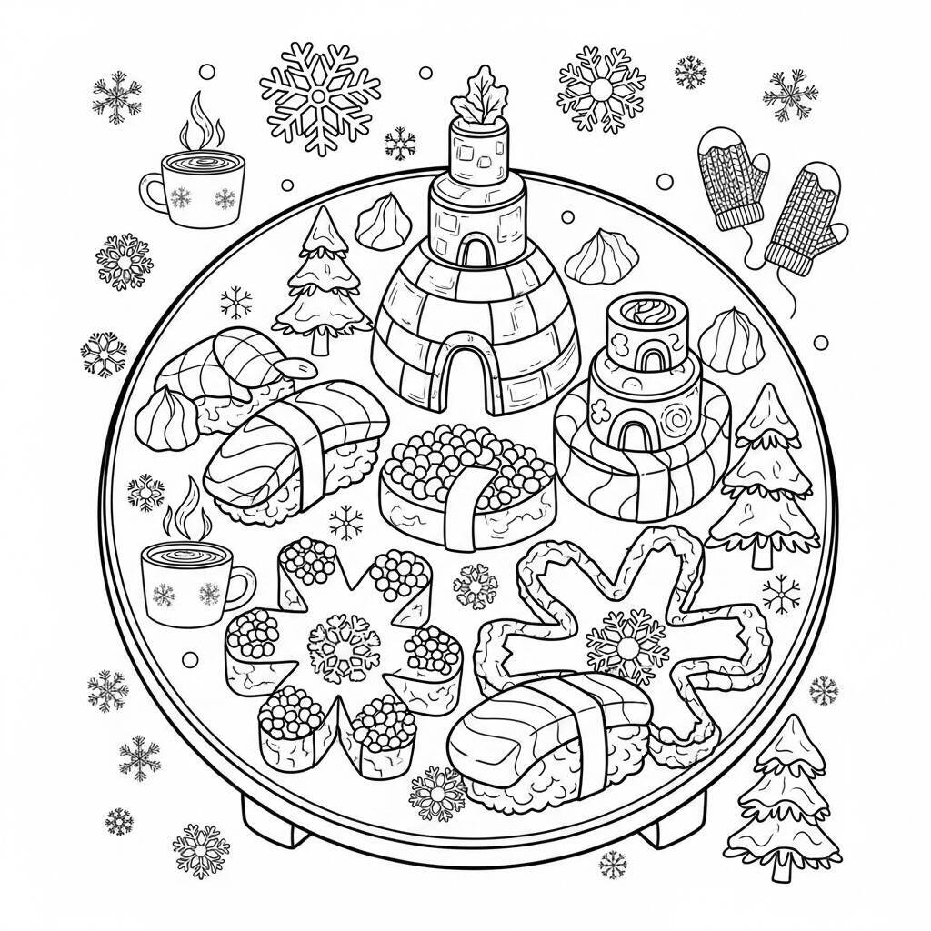 Desenho de Sushi no Inverno para Colorir