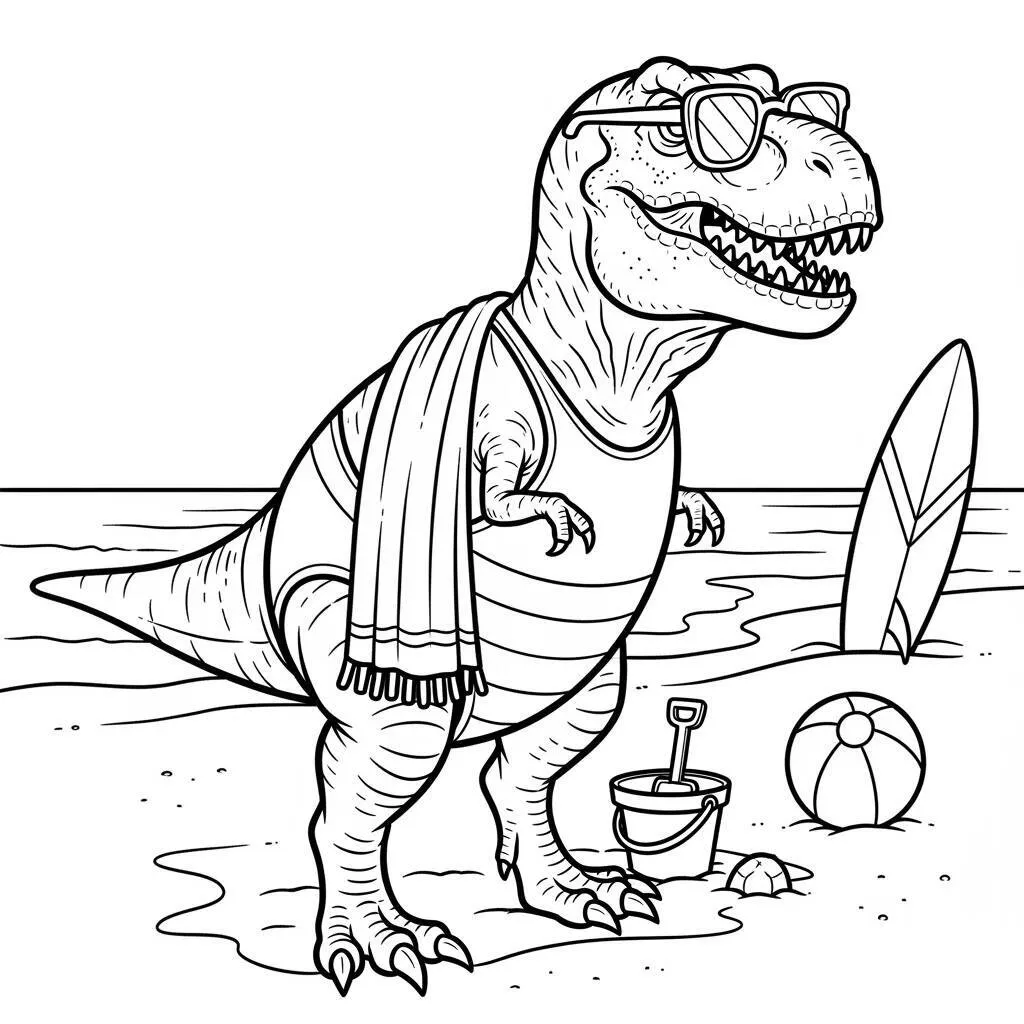 Desenho de T-Rex com Acessórios de Verão para Colorir