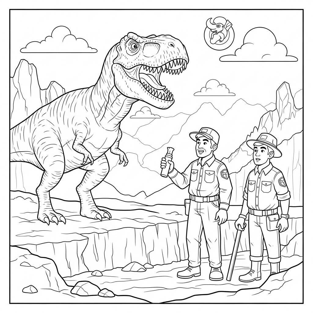 Desenho de T-Rex e Arqueólogo para Colorir