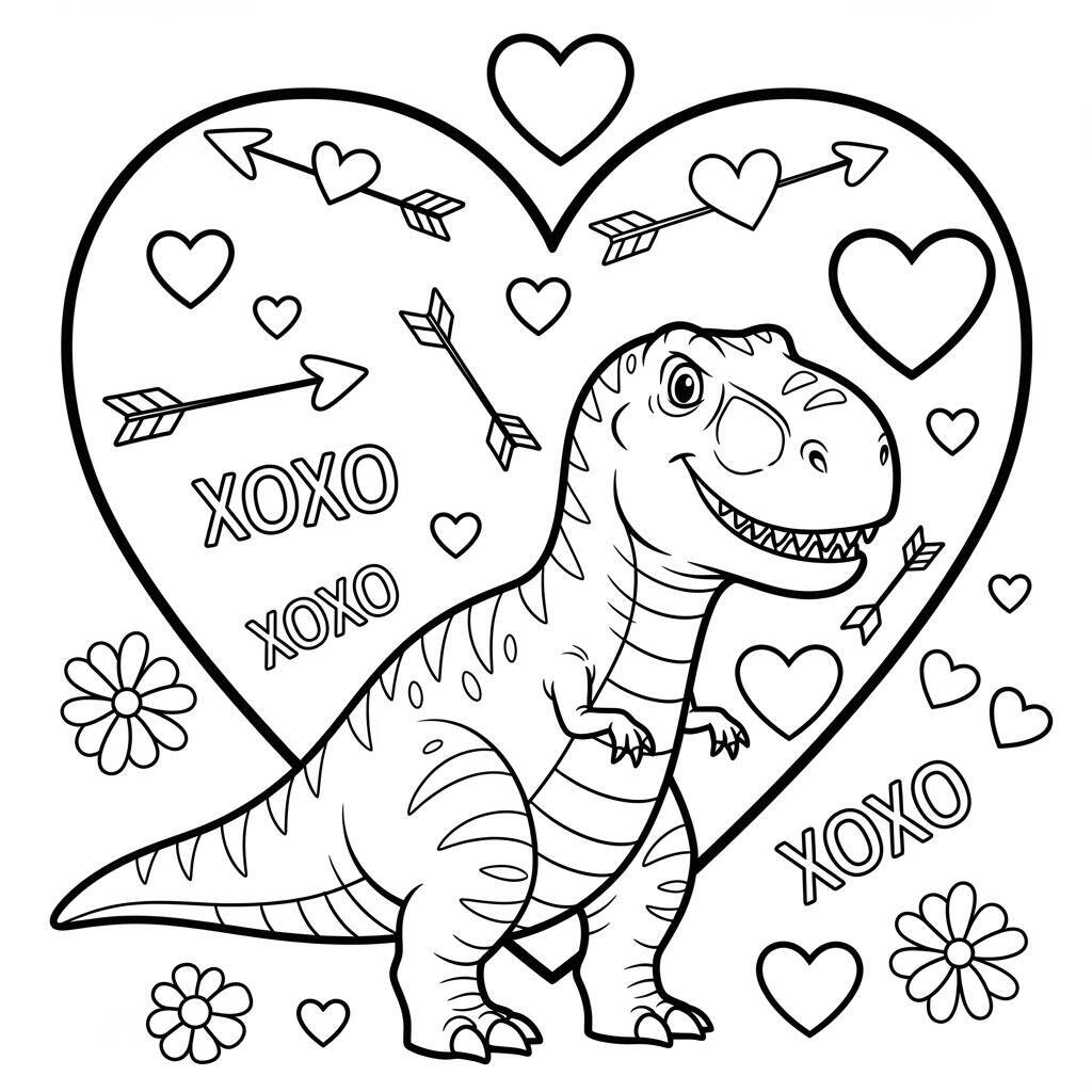 Desenho de T-Rex e Coração para Colorir