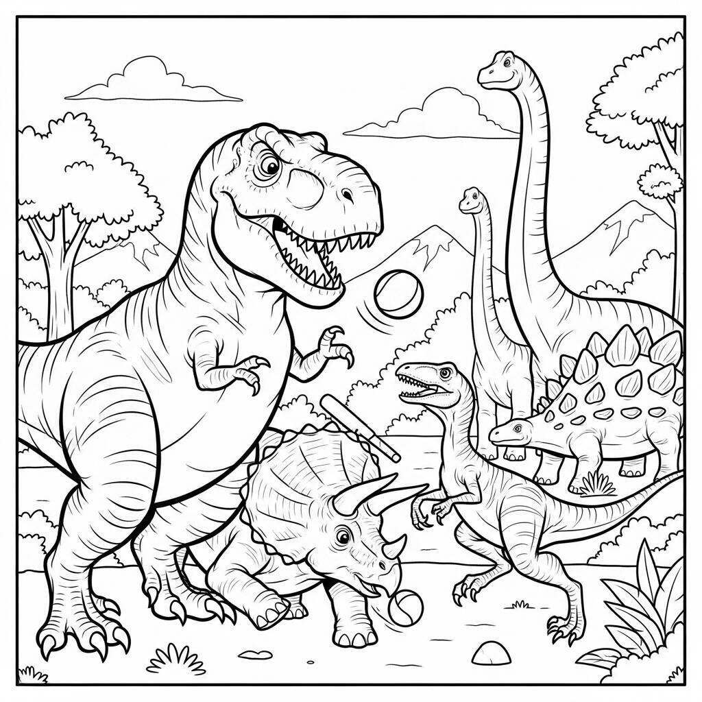 Desenho de T-Rex e Dinossauros Amigos para Colorir
