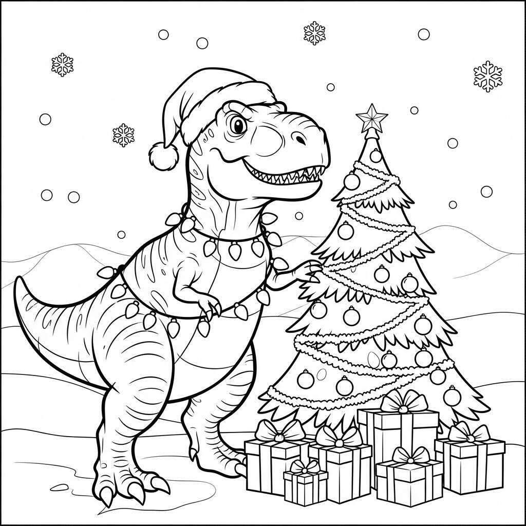 Desenho de T-Rex e Dinossauros de Natal para Colorir